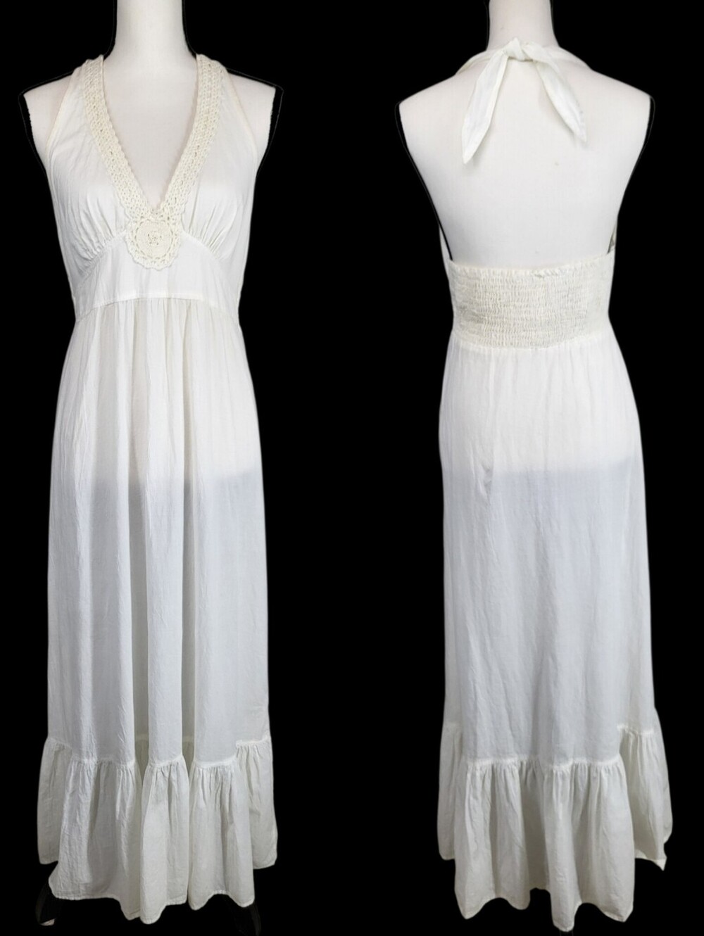 Tommy Bahamas White Crochet Halter Maxi Dress Smocked Back Boho Resort Size S/M